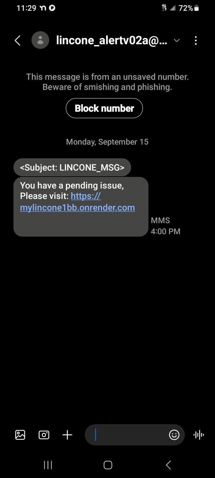 Example of the latest phishing text 9.2025