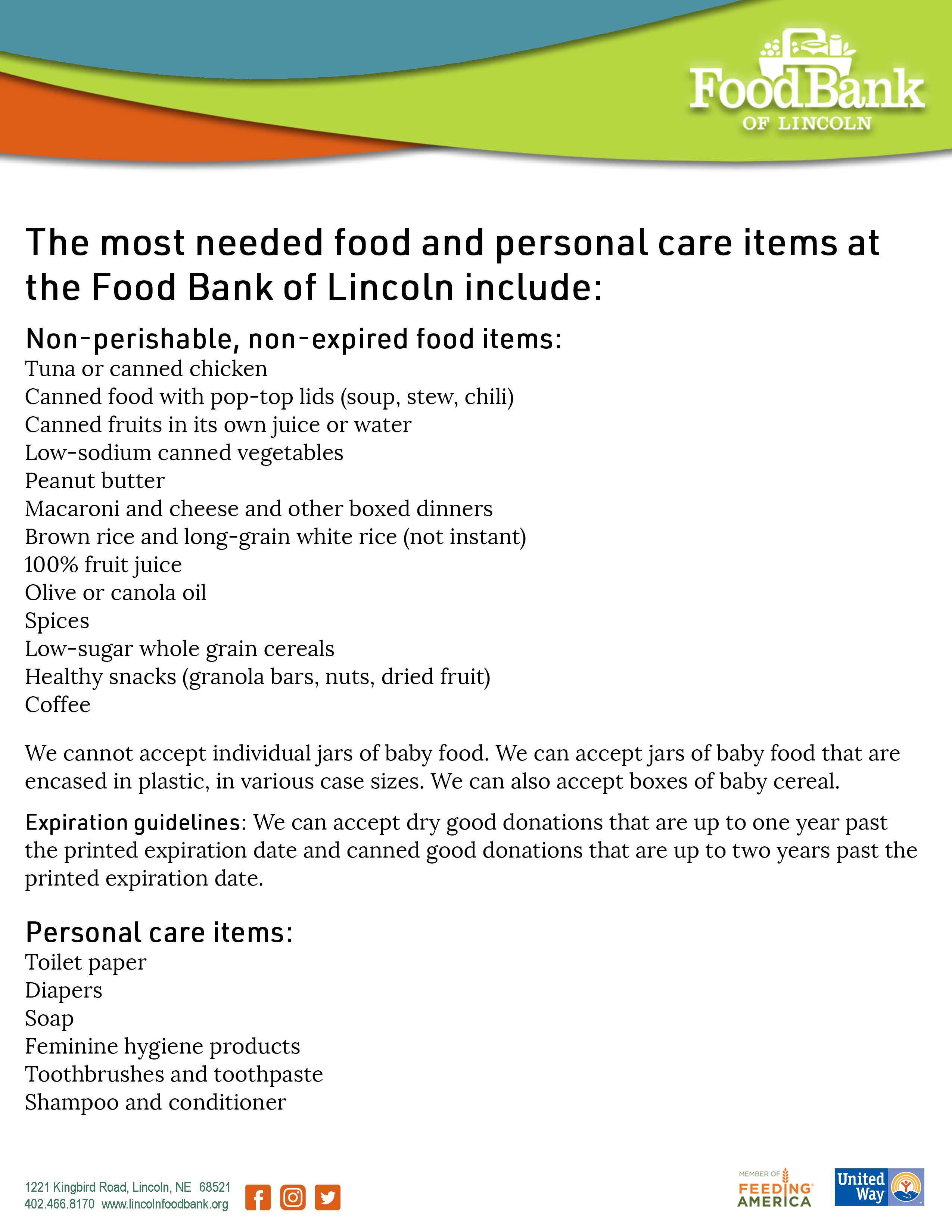Food Bank of Lincoln, Most Needed Items