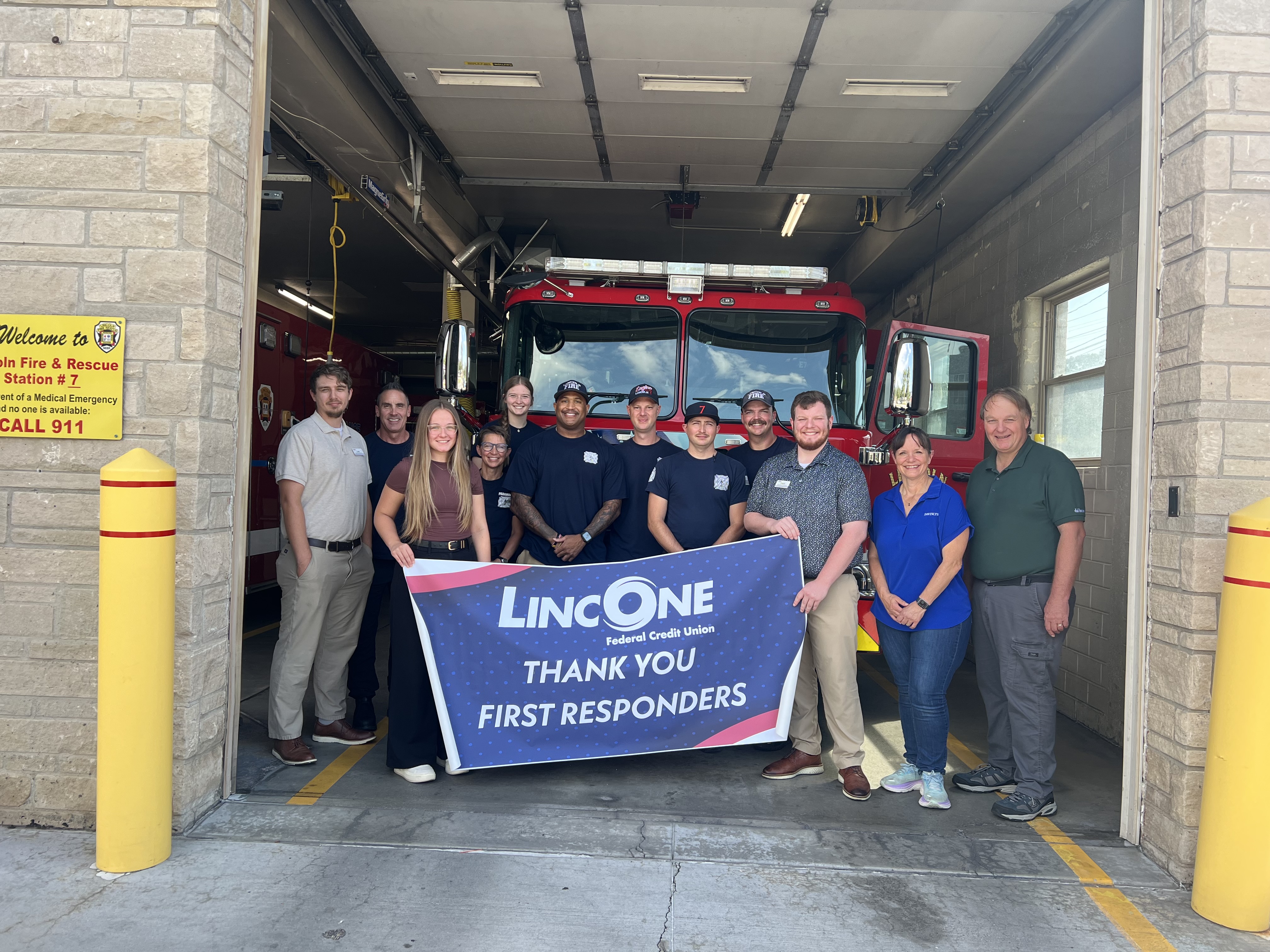 LincOne supporting Lancaster County's First Responders & raising awareness for first responders, image in front of firetruck